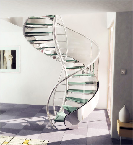 Красивая винтовая лестница со стеклянными ступенями и металлической отделкой