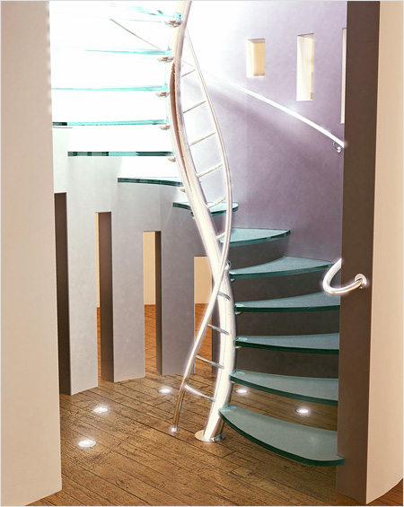 Модная винтовая лестница в стиле Hi-Tech из стекла и металла